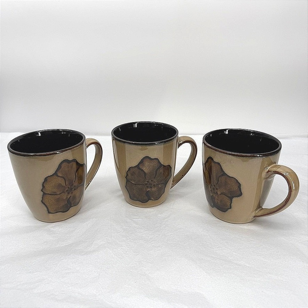 Pfaltzgraff Painted Poppies Coffee Cup Mug Set of 3 Tan Brown Floral Stoneware
